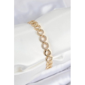 Pirinç Zirkon Taşlı Sıralı Halka Model Gold Renk Kadın Bileklik