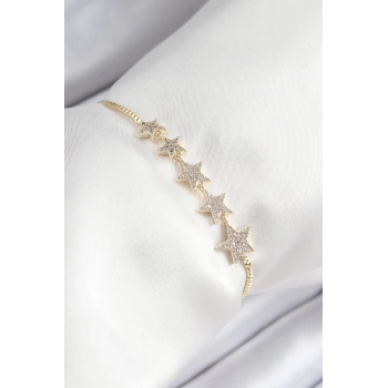 Pirinç Zirkon Taşlı Sıralı Yıldız Model Gold Renk Asansörlü Kadın Bileklik