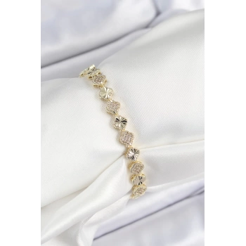 Pirinç Zirkon Taşlı Sıralı Yonca Model Gold Renk Kadın Bileklik
