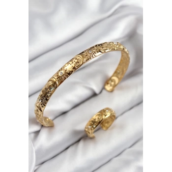 Pirinç Zirkon Taşlı Vintage Model Gold Renk Bileklik Yüzük Set