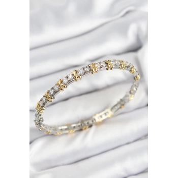 Pirinç Zirkon Taşlı XOXO Model Gümüş Ve Gold Renk Kadın Bileklik