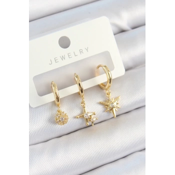 Pirinç Zirkon Taşlı Yıldız Model Gold Renk 3lü Çift Kadın Küpe Set