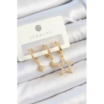 Pirinç Zirkon Taşlı Yıldız Model Gold Renk 3lü Çift Kadın Küpe Set