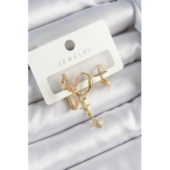 Pirinç Zirkon Taşlı Yıldız Model Gold Renk 3lü Çift Kadın Küpe Set