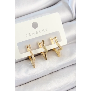 Pirinç Zirkon Taşlı Yıldız Model Gold Renk 3lü Çift Kadın Küpe Set
