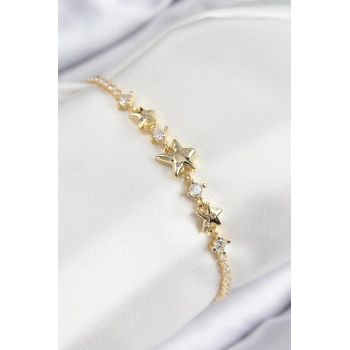 Pirinç Zirkon Taşlı Yıldız Model Gold Renk Kadın Bileklik