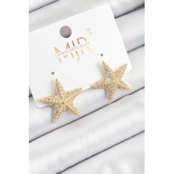 Pirinç Zirkon Taşlı Yıldız Model Gold Renk Kadın Küpe