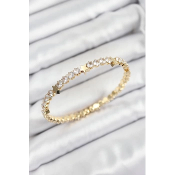Pirinç Zirkon Taşlı Yıldız Model Gold Renk Yaylı Kadın Bileklik