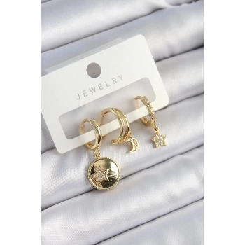 Pirinç Zirkon Taşlı Yıldız Ve Ay Model Gold Renk 3lü Çift Kadın Küpe Set