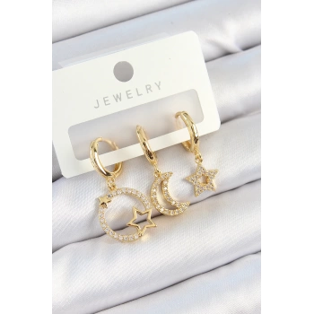 Pirinç Zirkon Taşlı Yıldız Ve Ay Model Gold Renk 3lü Çift Kadın Küpe Set