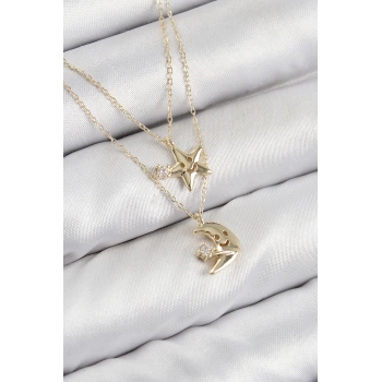 Pirinç Zirkon Taşlı Yıldız Ve Ay Model Gold Renk Kadın Kolye