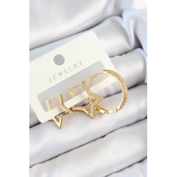 Pirinç Zirkon Taşlı Yıldız Ve Halka Model Gold Renk 3lü Çift Kadın Küpe Set
