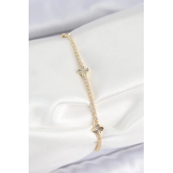 Pirinç Zirkon Taşlı Yonca Model Gold Renk Kadın Bilekilk