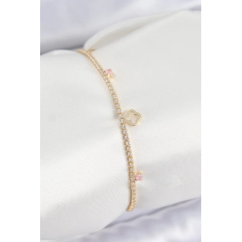 Pirinç Zirkon Taşlı Yonca Model Gold Renk Kadın Bilekilk