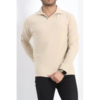 Polo Yaka Şardonlu Erkek Sweat Bej - 24163.1874.