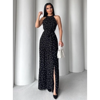 Puantiyeli yırtmaçlı elbise N4233