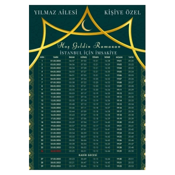 Ramazan İmsakiyesi Modern Kişiye Özel Tasarımlı Dijital Baskı 100 Adet A4 300 gr Model 27
