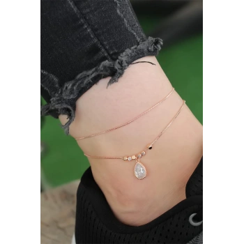 Rose Gold Renk Zirkon Damla Taşlı Halhal
