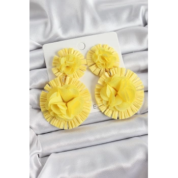 Sarı Gül Figürlü Tül Model Gold Renk Kadın Küpe