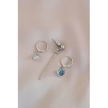Silver Renkli Nazar Boncuklu Metal Küpe Seti
