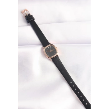 Siyah Renk Deri Kordonlu Rose Metal Kasa Kadın Saat