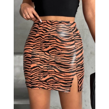Tek yırtmaçlı zebra desenli deri etek kahvesiyah w24475-S