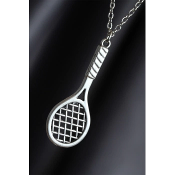 Tenis Raketi Figürlü Gümüş Renk Zincirli Erkek Kolye