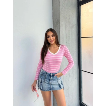V yaka çizgili bluz pembe A3699