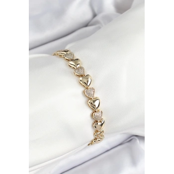 Xuping Pirinç Sıralı Kalp Model Gold Renk Kadın Bileklik
