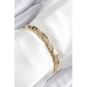 Xuping Pirinç Zirkon Taşlı Eğimli Blok Model Gold Renk Kadın Bileklik