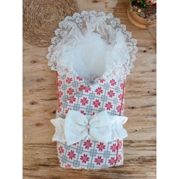 Yenidoğan Kar Tanesi Desenli Dantelli Duvaklı Bebek Battaniyesi Kundak