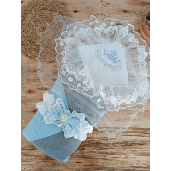 Yenidoğan Teri Cotton Taç Nakışlı Prizma Taş Kundak Bebek Battaniyesi