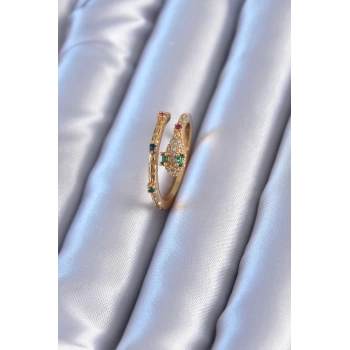 Yılan Model Gold Renk Zirkon Taşlı Pirinç Kadın Yüzük