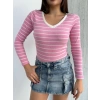 V yaka çizgili bluz pembe A3699