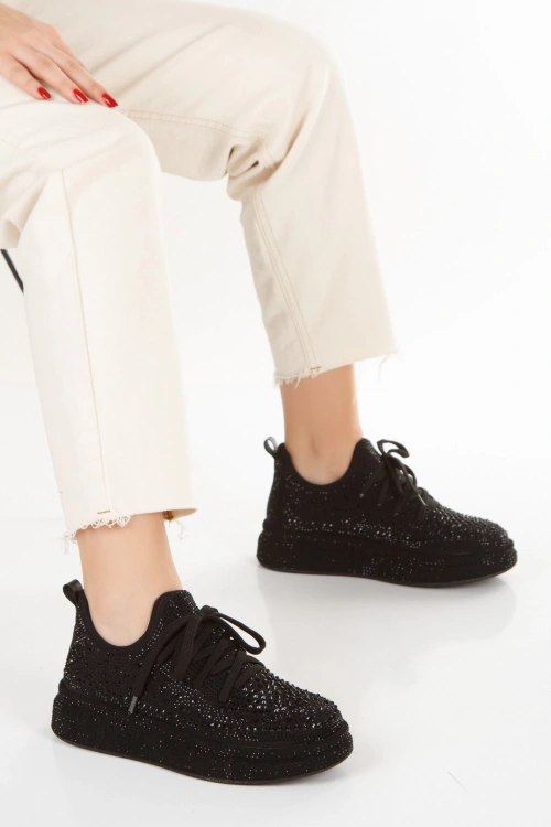 Kadın Siyah Işıltı Taşlı Yüksek Platform Tabanlı Sneaker