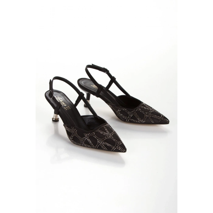 5 cm Tarz Topuklu Abiye Ayakkabı ve Çanta Takımı Siyah Saten