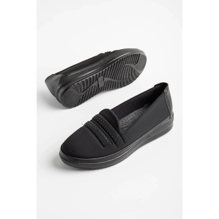 Kadın Siyah Iki Sıra Taşlı Günlük Içi Deri Spor Ayakkabı