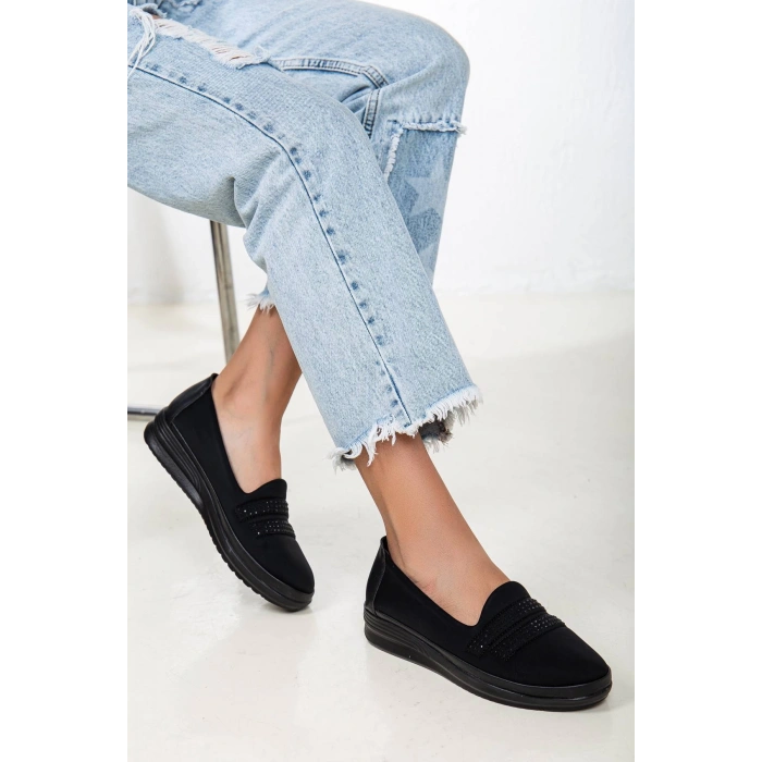 Kadın Siyah Iki Sıra Taşlı Günlük Içi Deri Spor Ayakkabı