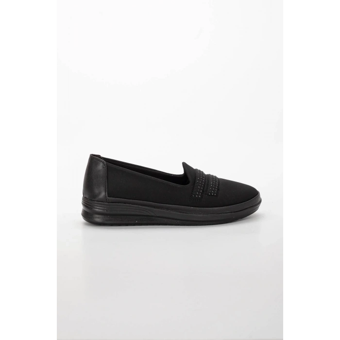 Kadın Siyah Iki Sıra Taşlı Günlük Içi Deri Spor Ayakkabı