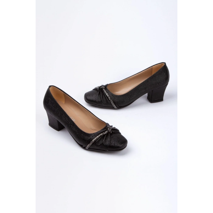 5 cm Topuklu Taşlı Ortopedik Taban Stiletto Siyah Parıltılı