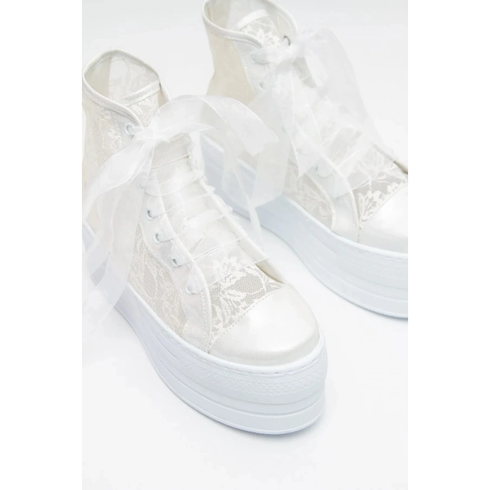 6 cm Yüksek Dolgu Topuklu Dantelli Gelinlik Ayakkabı