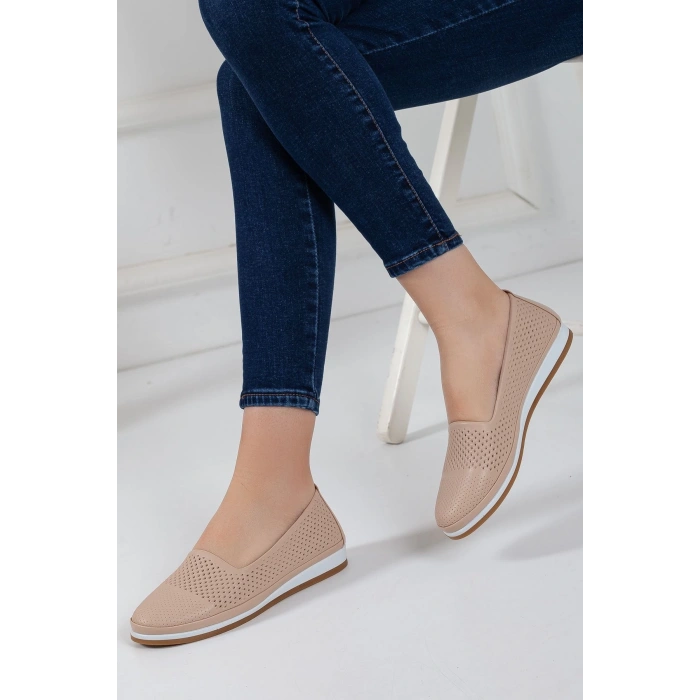 Kadın Günlük Ortopedik Ayakkabı Hakiki Deri Bej Lazer Işlemeli Babet-0027