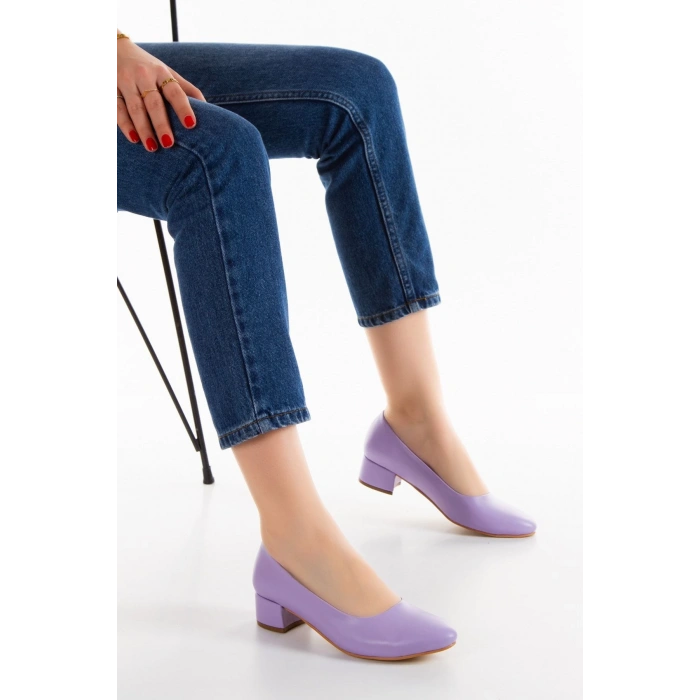 Kadın Mor Suni Deri Kısa Topuklu Stiletto