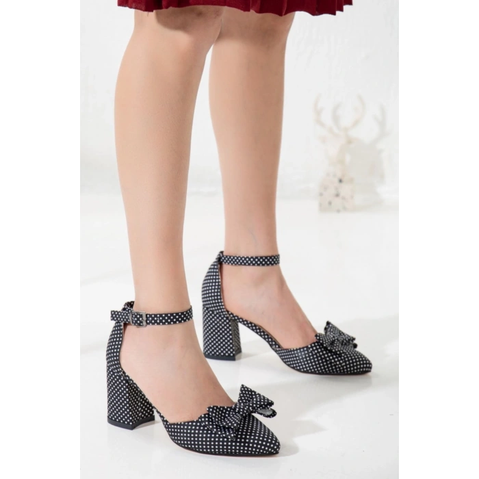 Kadın Puantiyeli Yazlık Ayakkabı-kalın Kısa Topuklu Papyonlu Yazlık Ayakkabı