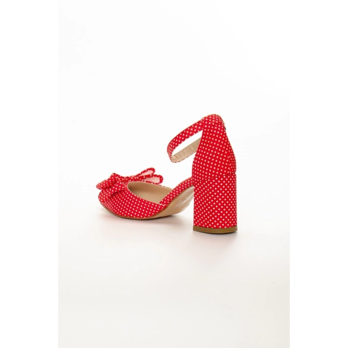 Kadın Puantiyeli Yazlık Ayakkabı-kalın Kısa Topuklu Papyonlu Yazlık Ayakkabı