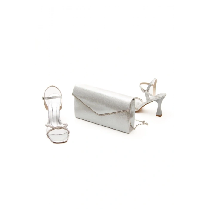 Kadın Taşlı Ayakkabı Çanta Kombini Gümüş
