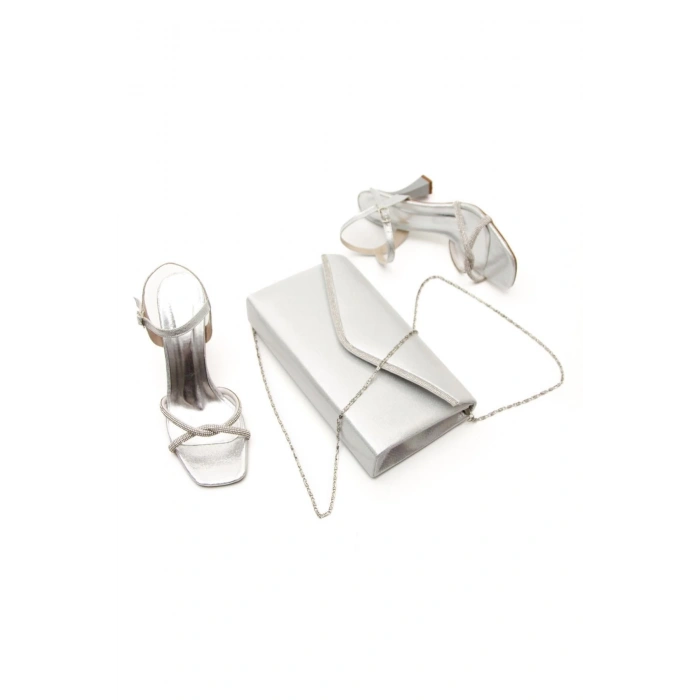 Kadın Taşlı Ayakkabı Çanta Kombini Gümüş