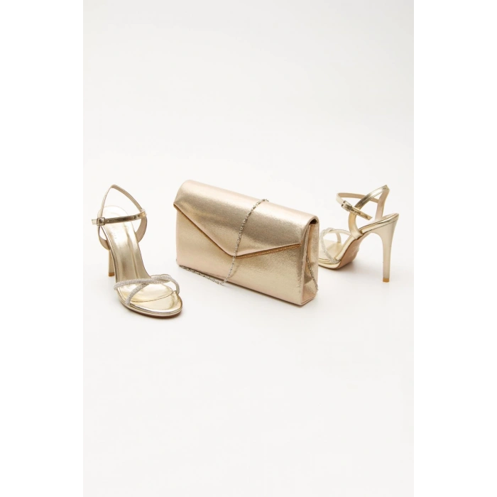 Kadın Platform Taşlı Abiye Ayakkabı Ve Çanta Takımı Altın