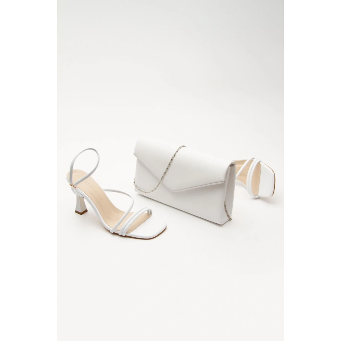 Kadın Yazlık Ince Topuklu Ayakkabı Ve Çanta Takımı Beyaz