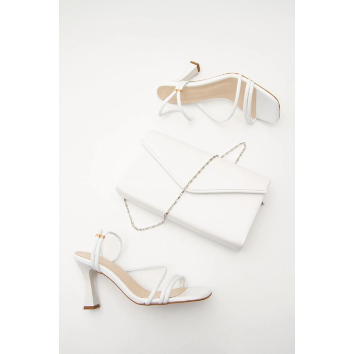 Kadın Yazlık Ince Topuklu Ayakkabı Ve Çanta Takımı Beyaz